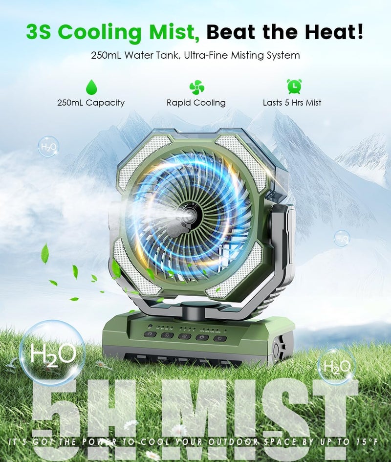 Aopircs Camping Misting Fan - Portable Rechargeable Fan with 9oz Tank, Light, Hook - Battery Power 120H MAX Working, Fast Cooling, 4 Speed, Timer, Sleep Mode, for Outdoor, Travel, Patios, Beach - Image 2